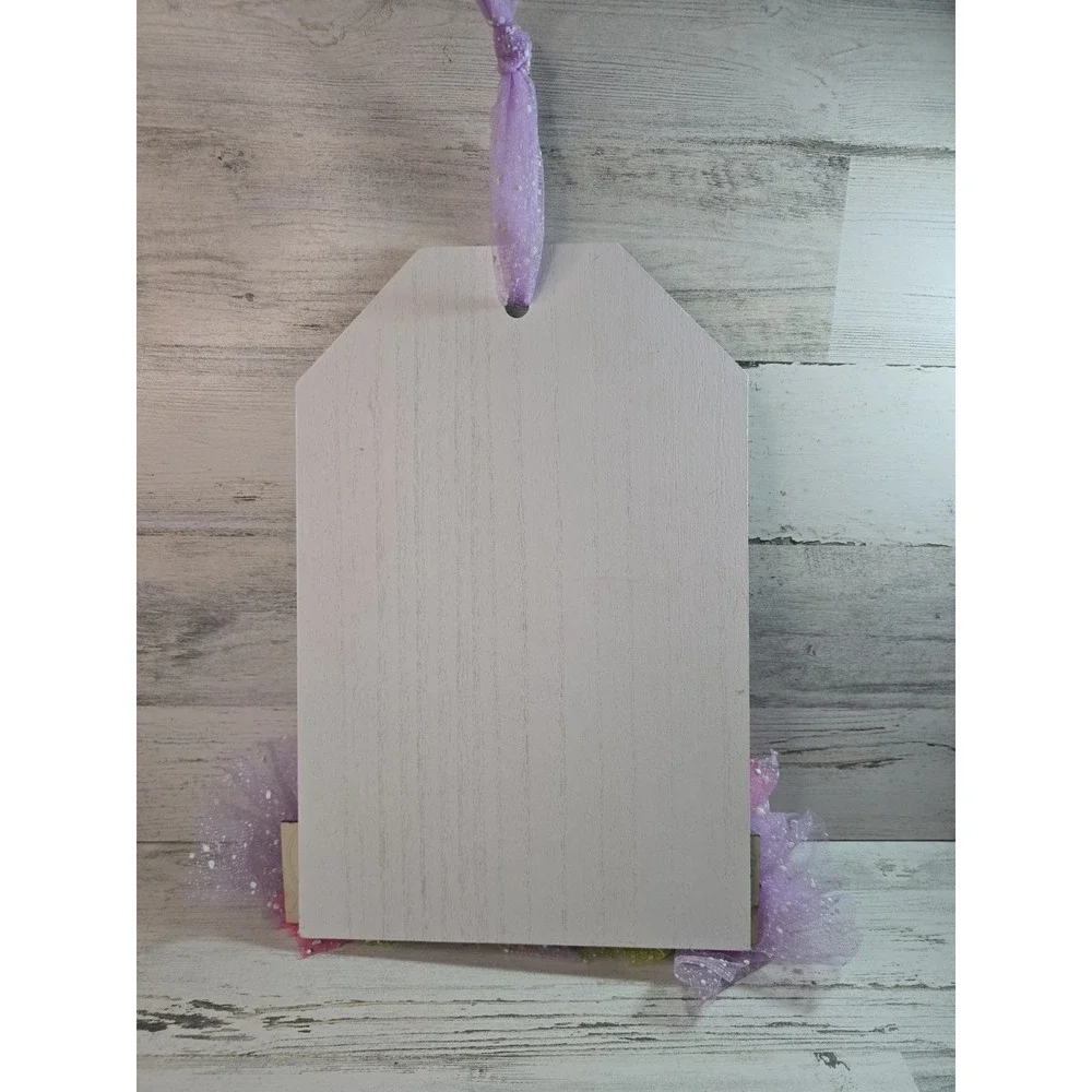 Easter‎ Bunny Wood Tag Wall Hanging Polka Dot Tulle Ruffle Purple White 12x8